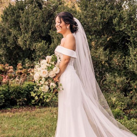 Mcdonald/Brooks Remnant Fellowship Wedding Fall Bride Off the Shoulder Satin Dress with beaded details