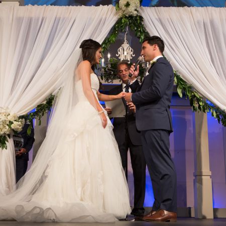 Radebaugh/Betancourt Covenant Wedding Summer Wedding Chuppah | White Draping Linen with Hanging Greenery and White Roses