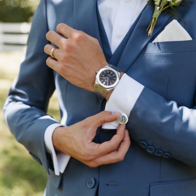Summer Steal Blue Suit with Groom details, monogrammed silver cufflink with matching watch