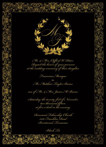 Formal Fall Wedding Invitation | Black and Gold with Olive Wreath