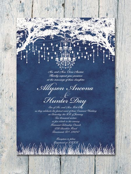 January Winter Formal Wedding Invitation | Navy with Silver and Chandelier Decoration