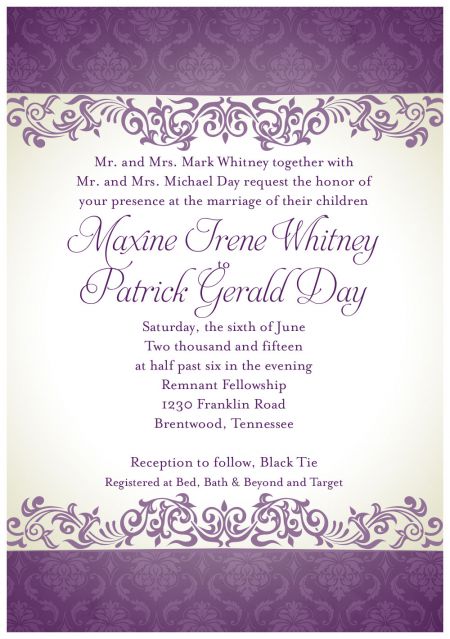 June Summer Wedding Invitation | Purple Demask Design