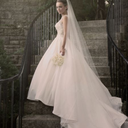 Gormsen/Hamilton Covenant Wedding Cinderella Inspired Wedding Gown | Long Train, Cathedral Veil, Sparkle Top