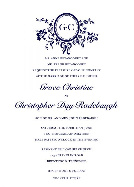 Summer June Wedding Invitation | Navy and White with Formal Monogram