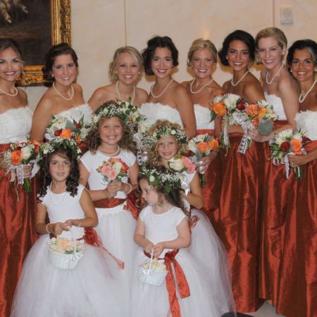 Fall Bridesmaids Dresses | White Lace Top and Burnt Orange Long Skirts