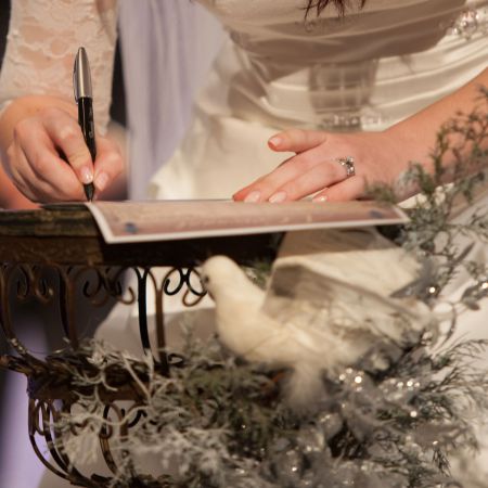 January Winter Silver and White Wedding. Signing Marriage Vows