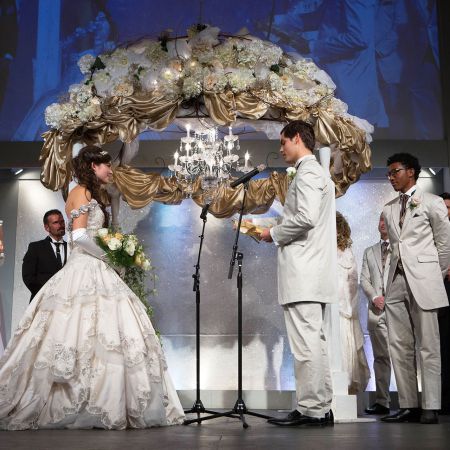 Olivas/Day Covenant Wedding Fall Wedding Chuppah | Full Hanging Floral Halo with Roses, Chandelier and Tan Fabric