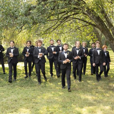 Fall Wedding Groomsmen in black Tuxes