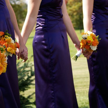 Outdoor Fall Rustic Wedding | Long Strapless Purple Bridesmaid Gowns