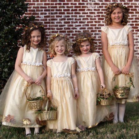 Fall Harvest Themed Wedding | Gold Flower Girl Dresses with Fall Leaf Crown