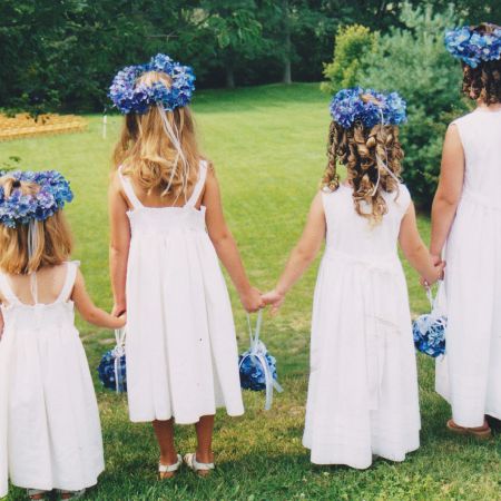 Summer Wedding Flower girls | White Boho Flowy Dresses with Baby Blue Flower Crown
