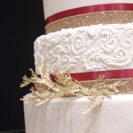 Hagans/Wheeler Covenant Wedding Fall Tiered Wedding Cake | White Wedding Cake with Burgundy Ribbon and Golden Accents