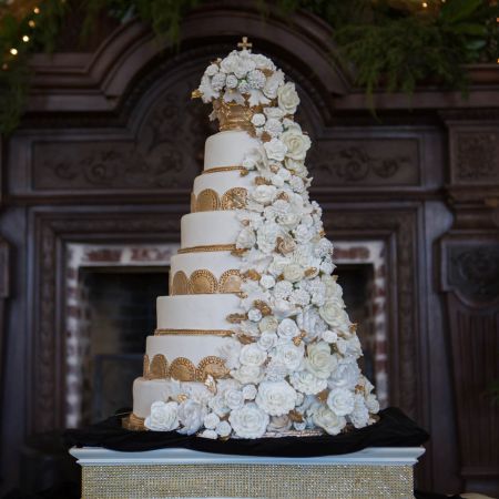Jost/Martin Covenant Wedding Formal Tiered Wedding Cake | Golden Accents with Floral Fondant Waterfall and Crown Cake topper