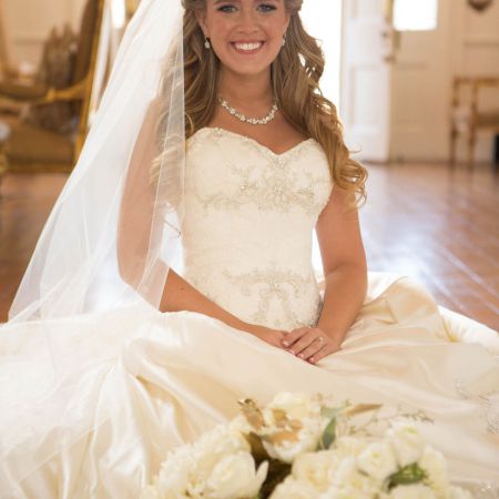 Formal Strapless Wedding Gown with Embroidered Detail | Bridal Portrait | Veil and Bouquet