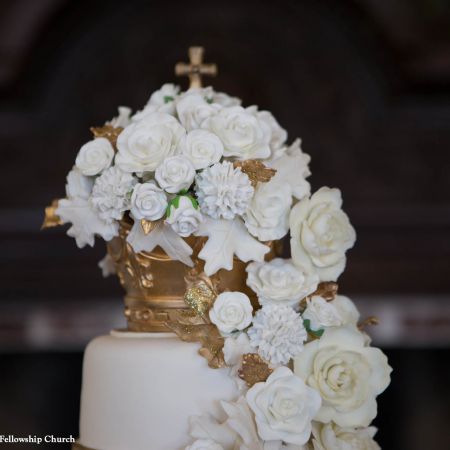 Jost/Martin Covenant Wedding Formal Tiered Wedding Cake | Golden Accents with Floral Fondant Waterfall and Crown Cake topper